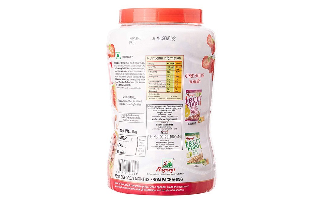 Bagrry's Fruit 'n' Fibre Muesli Strawberry With Almonds & Raisins   Plastic Jar  1 kilogram